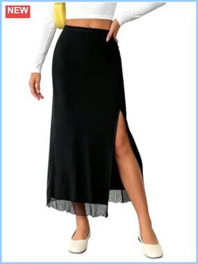 Women's Mesh Maxi Skirt High Waisted Slit Fitted Long Skirt